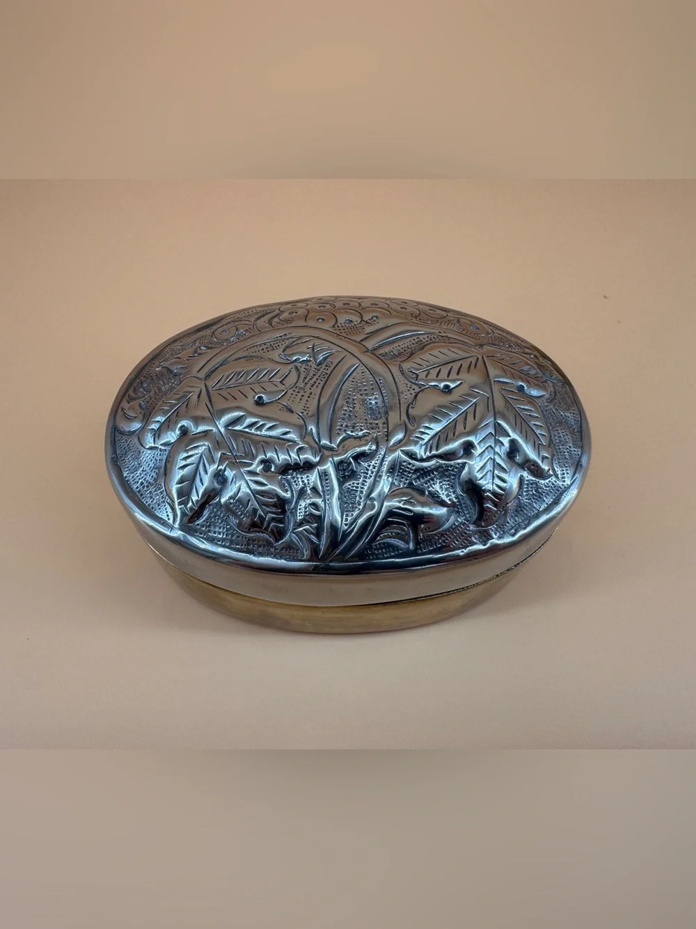 Silverplated Oval Repousse Jewelry Trinket Box